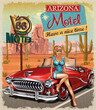 Motel route 66 vintage poster with  retro car and pin-up girl.Vintage Arizona road trip poster.
