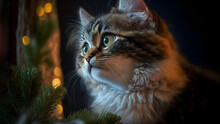 Cute Tabby Kitten Looking At Christmas Tree - Closeup, Neural Network Generated Art. Digitally Generated Image. Not Based On Any Actual Scene Or Pattern.