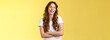 Leinwanddruck Bild - Entertain me. Friendly charismatic female long curly haircut laughing joyfully hang out friends cross arms chest feel chilly slightly cold have amusing pleasant conversation yellow background