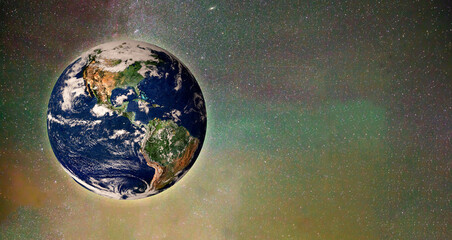 Wall Mural - planet earth on a colorful starry space with perseid meteor shower and copy space. hd space wallpape