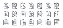 Clipboard, Checklist, Report, Survey Or Agreement Editable Stroke Outline Icons Set Isolated On White Background Flat Vector Illustration. Pixel Perfect. 64 X 64.