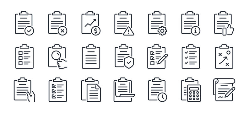 clipboard, checklist, report, survey or agreement editable stroke outline icons set isolated on whit