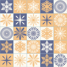 Purple Yellow Christmas Decoration Squared Snowflake, Pastel Seamless Pattern Background For Christmas Party