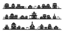 Western Silhouette Panorama. Wild West Traditional Buildings Landscape, Monochrome Background With Old Country Street Houses. Vector Collection