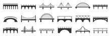 Bridge Silhouette. Abstract Footbridge Constructions With Stone Metal Girders, Industrial Urban Architecture Building Black Icons. Vector Isolated Set
