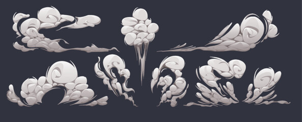 Wall Mural - cartoon smoke clouds, white speed trail, comic book boom effect. steam or dust, flow mist, puff, smo