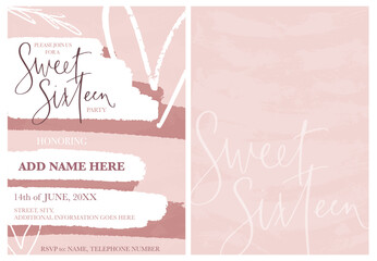 Wall Mural - Sweet sixteen party modern invitation template with paint texture in blush pink and white colors. 16th Birthday modern calligraphy vector design with brush strokes, botanical, heart clipart elements.