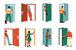Person go out the door. Male female cartoon characters enter open close doorway, people leaving room standing outside apartment entrance. Vector set