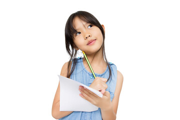 Portrait with copy space empty place of thoughtful little Asian girl having paper and pencil in hands looking up, writer waiting for muse isolated on transparent background, PNG file format.