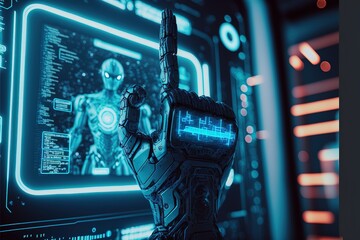 Poster - The robot mechanical arm or hand presses the index finger. Futuristic modern illustration in blue neon colors. AI