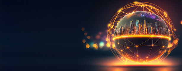 Leinwandbilder - Global communication technologies. Digital tech of world globe wireless. Futuristic modern illustration in blue neon colors. AI