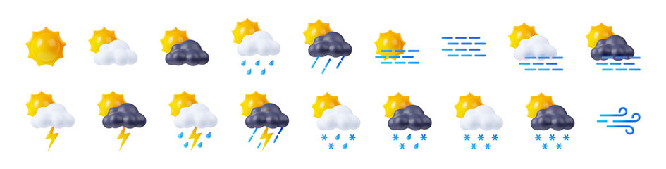 Weather forecast icons with sun, clouds, rain, snow and fog. Meteorology and climate symbols for winter and summer season. Signs of clear, cloudy, rainy, storm and snowy weather, 3d render set