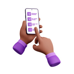 Wall Mural - 3d render smartphone in black hands with finger fill online survey or test form on screen. phone and