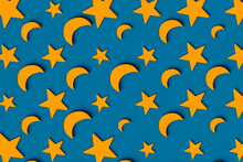 Three Dimensional Pattern Of Rows Of Yellow Stars And Crescent Moons Flat Laid Against Blue Background