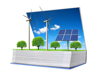 Wall Mural - ecological book with solar panel and wind turbines isolated on transparent background, png. clean en
