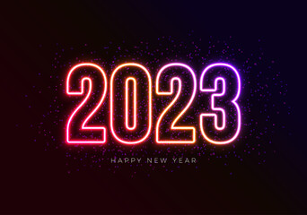 Wall Mural - Happy New Year 2023 Illustration with Glowing Neon Light Number on Dark Background. Vector Christmas Holiday Season Design for Flyer, Greeting Card, Banner, Celebration Poster, Party Invitation or