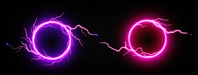 Wall Mural - round frames of electric lightning with sparks and neon glow. pink and purple sparking discharge in 