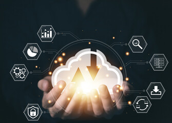 Wall Mural - businessman's hands showing a diagram of cloud computing information technology icon. big data.