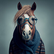 Hipster Horse Wearing Clothes And Glasses. Rabbit Portrait. Generative Ai