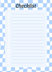 Fototapete - Checklist planner page template. Routine organization. Vertical list on blue checkerboard pattern background. Y2k style. Vector illustration