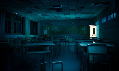 interior of a classroom at night, scary atmosphere.
