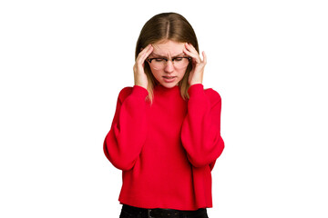 Young caucasian woman isolated having a head ache, touching front of the face.