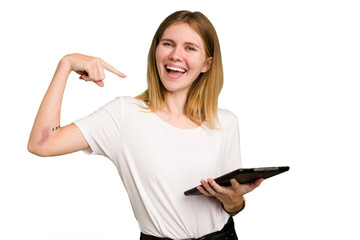 Young caucasian woman using a tablet isolated