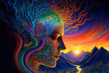 psychedelic portrait human, Colorful psychedelic portrait of an abstract woman, Colorful psychedelic portrait of an abstract man. Digital art Psychedelic portrait of a hippie woman. Generative AI