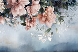 Fototapeta Kwiaty - Floral wallpaper 3D with oil painting flowers. Blue ombre  background. 