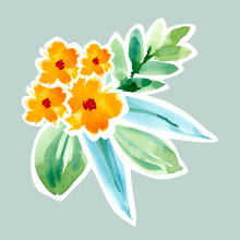 Watercolor Bouquet Of Yellow, Orange Flowers, Watercolor Illustration In The Form Of A Sticker. Orange Flowers In A Bouquet With Leaves. Wedding Bouquet, Hand-drawn Watercolor