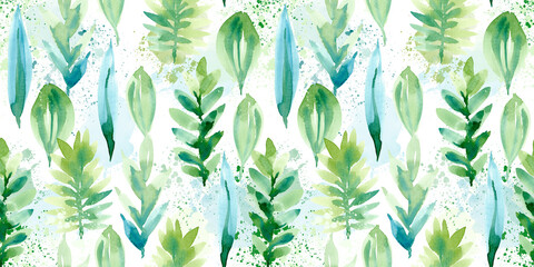 Seamless pattern with green leaves on a white background. Floral abstract watercolor pattern for textiles, design, factory. Fashion summer print with flowers