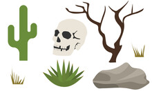 Set Of Elements About Desert And Dead. Skull Of Human, Cactus, Old Tree, Stone, Aloe Vera. Vector Illustration.