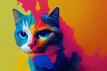 Portrait Of Cat Pour Thick Split Colorful Paint Liquid,3d Render
