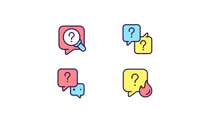 Poster - Animated inquiry color icons. Speech bubbles with question mark. Communication. Seamless loop HD video with alpha channel on transparent background. Simple filled line motion graphic animation set