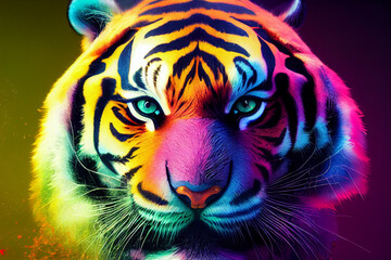 Wall Mural - tiger pour thick split colorful paint liquid,3d render, dark background