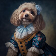 A cute puppy dog wearing a regal dress. Pet portrait in clothing. Generative ai