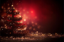 Beautiful Christmas Background With X-mas Tree And Red Sparkle Bokeh Background With Copy Space. Created Using Generative AI Technology