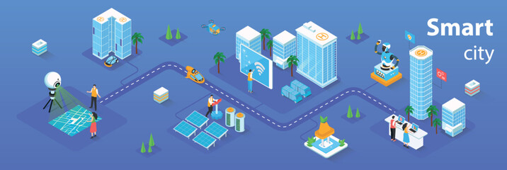 Fototapete - Smart city concept 3d isometric infographics web banner. People live in skyscrapers with smart automation system and futuristic infrastructure. Vector illustration in isometry graphic design