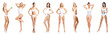 © Acronym - Young, fit, happy and beautiful blond woman in white swimsuit isolated on white background - set collection. Healthcare, diet, sport and fitness.