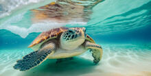 Green Sea Turtle Cruising In The Warm Waters Of The Pacific Ocean	