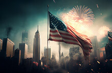 An American Flag And Fireworks. New York City On The  Background, Generative Ai