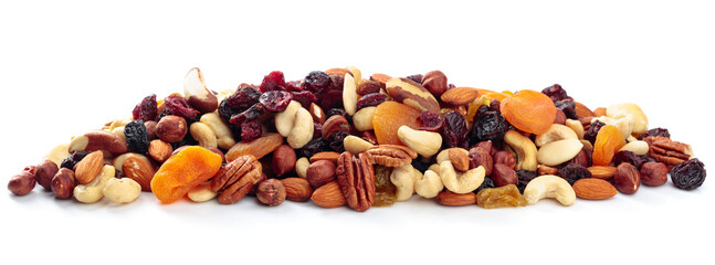 Wall Mural - Mix of nuts and dried fruits isolated on a white background.