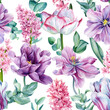 Tulips and hyacinth flowers, eucalyptus leaves, watercolor spring flora, seamless pattern