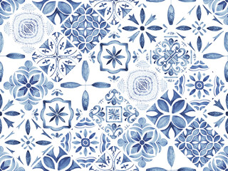 Portuguese ornamental Azulejo ceramic. Blue and white watercolor.