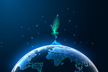 Wall Mural - Futuristic sustainable future development concept with glowing polygonal planet Earth and plant 