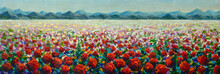 Super Wide Panorama Flowers Paintings Monet Painting Claude Impressionism Paint Landscape Scene Meadows Filled With Red Wildflower Poppies In The Mountains