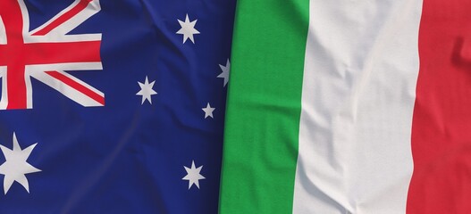 Flags of Australia and Italy. Linen flag close-up. Flag made of canvas. Australian, Canberra, Sydney. Italian, Rome. State symbol. 3d illustration.