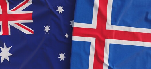 Sticker - Flags of Australia and Iceland. Linen flag close-up. Flag made of canvas. Australian, Canberra, Sydney. Icelandic. State symbol. 3d illustration.