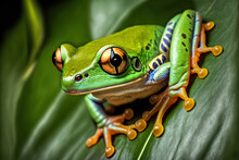 Tree Frog, Or Rachophorus Reinwardtii Javan, Perched Precariously On A Limb, Surrounded By Lush Green Foliage. Generative AI