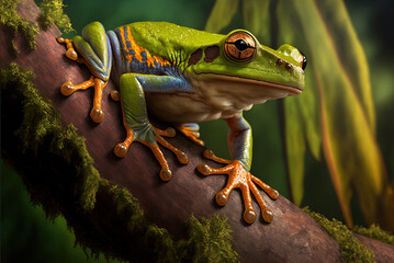 Image of a rhacophorus reinwartii, or Javan tree frog, perched on a limb. Generative AI